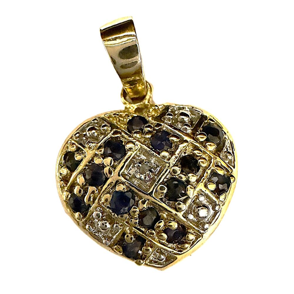 Heart-Shaped Pendant Sapphires & Center Diamond Accent Gold Tone Setting 1" Vtg